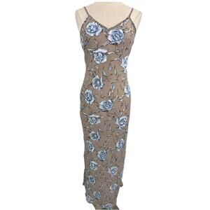 Vintage 90s Floral Maxi Slip Dress Taupe Blue Cottagecore Grunge Size Large
